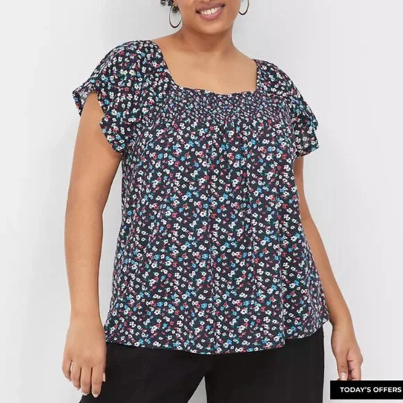 LANE BRYANT NWOT Size 18/20 Relaxed Eyelet-Sleeve Smocked-Neck Top Blue Floral - Picture 1 of 3